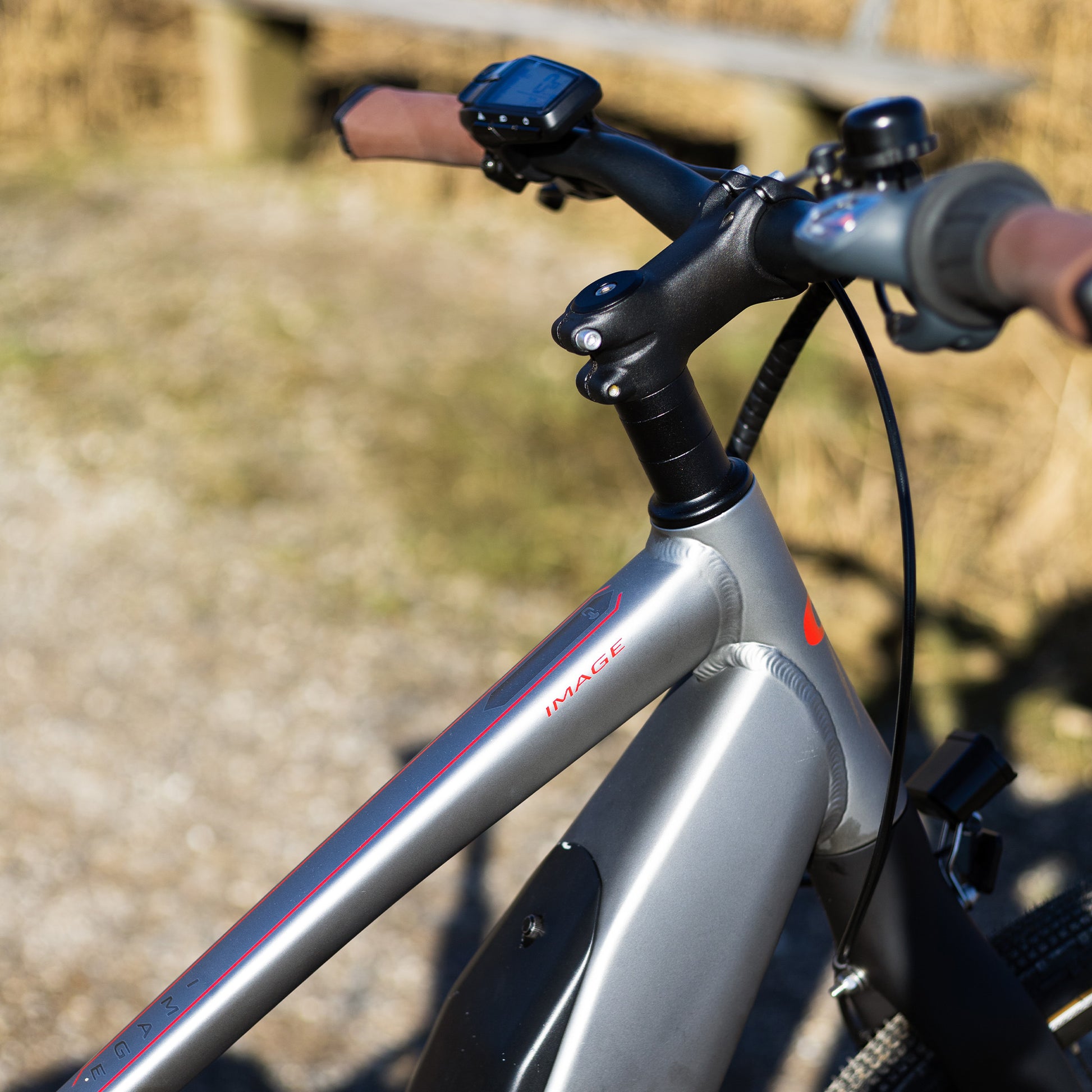 Elcykelstyre och handtag på matt silver ram med blå detaljer