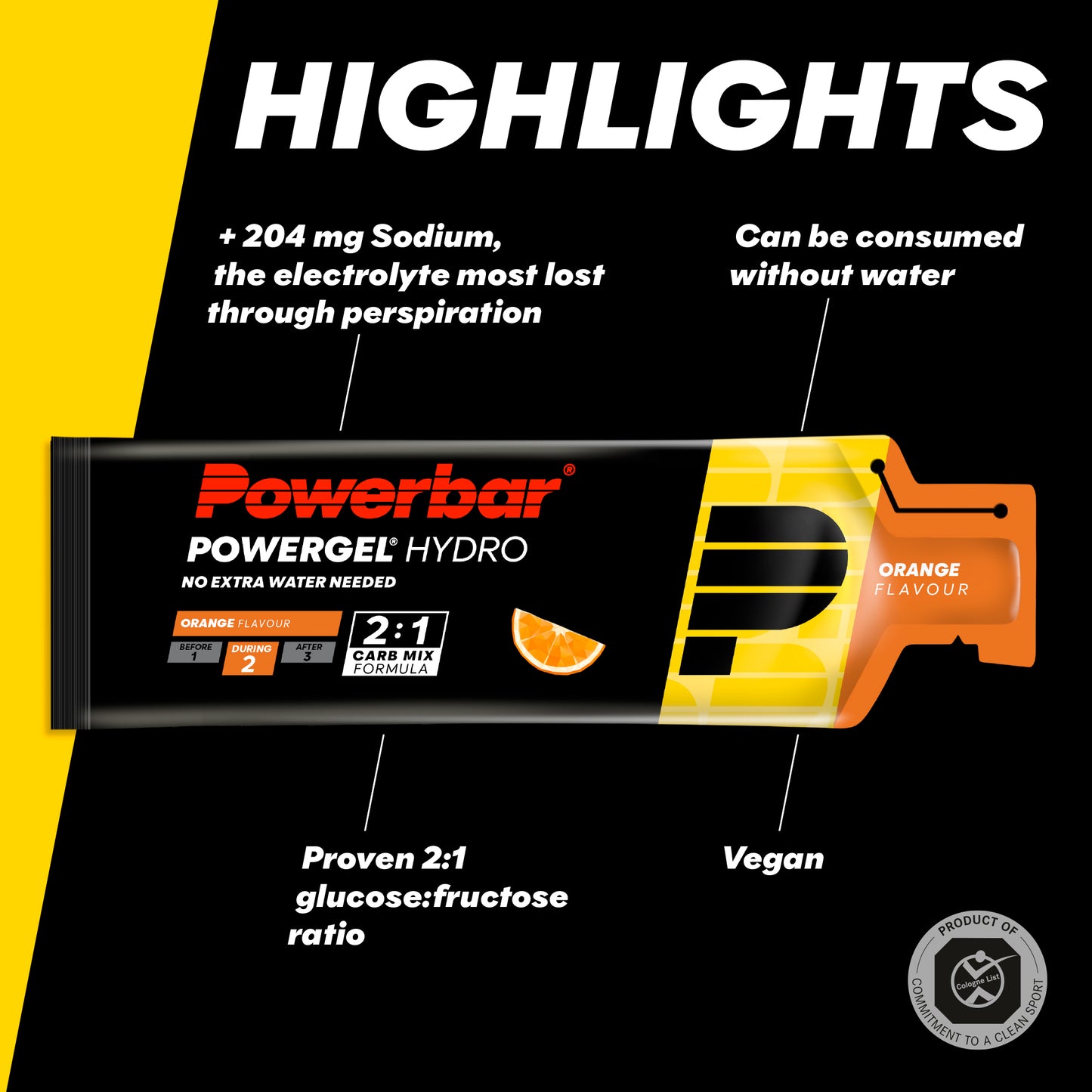 Powerbar PowerGel Hydro orange sportgel, 24 enheter i låda, 2:1 formel