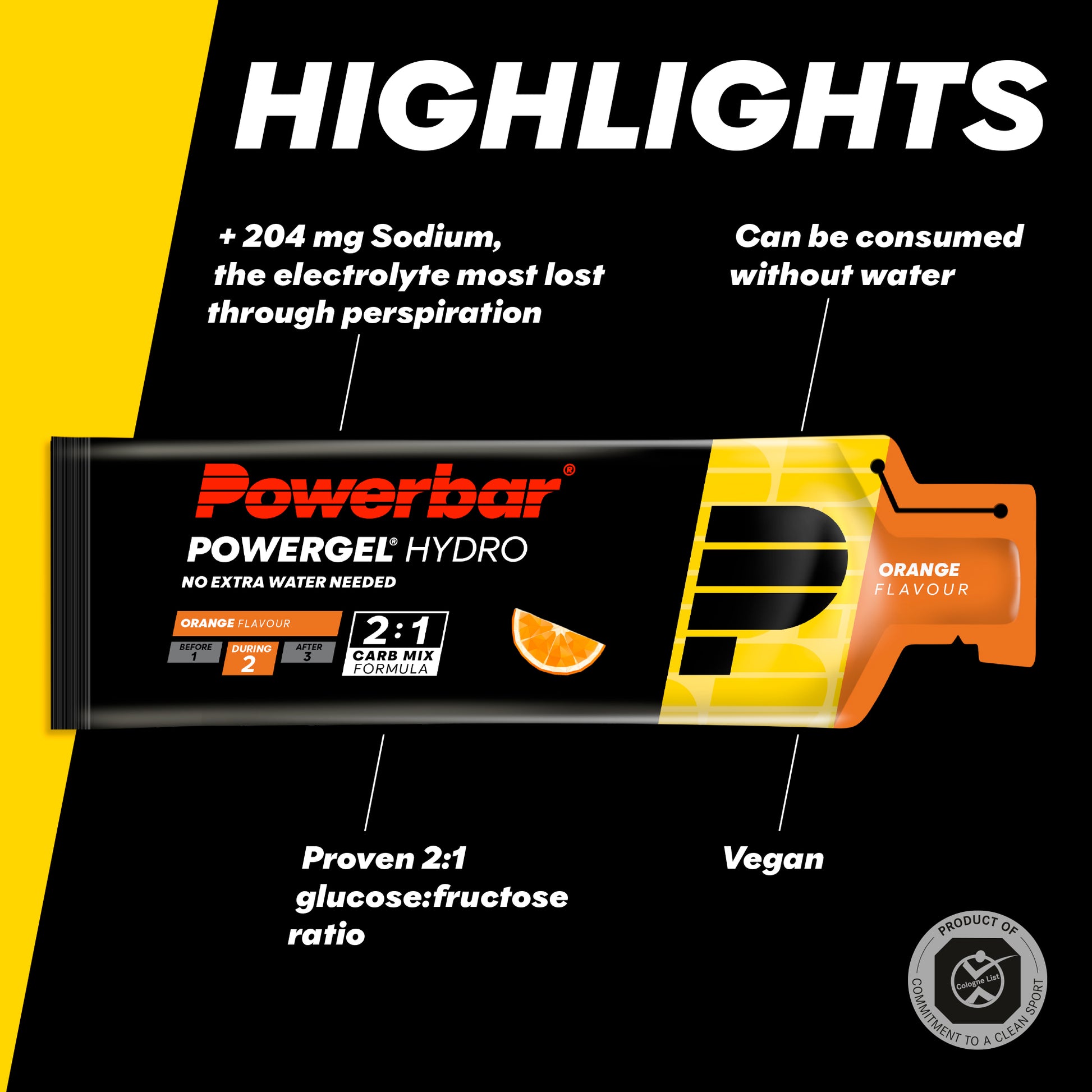 Powerbar PowerGel Hydro orange sportgel, 24 enheter i låda, 2:1 formel