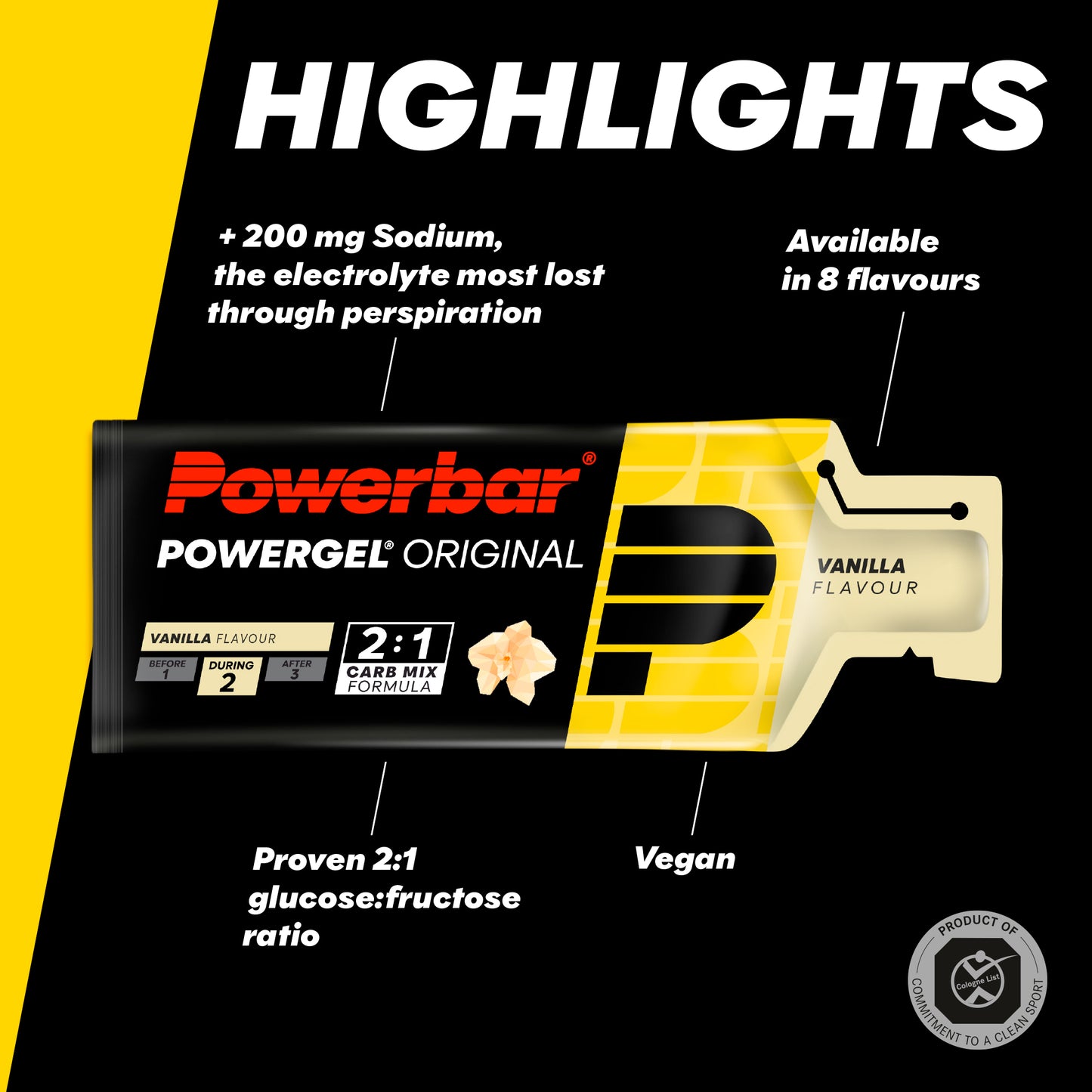 Powerbar PowerGel Original vanilj, gelförpackning med svart- och gul design.
