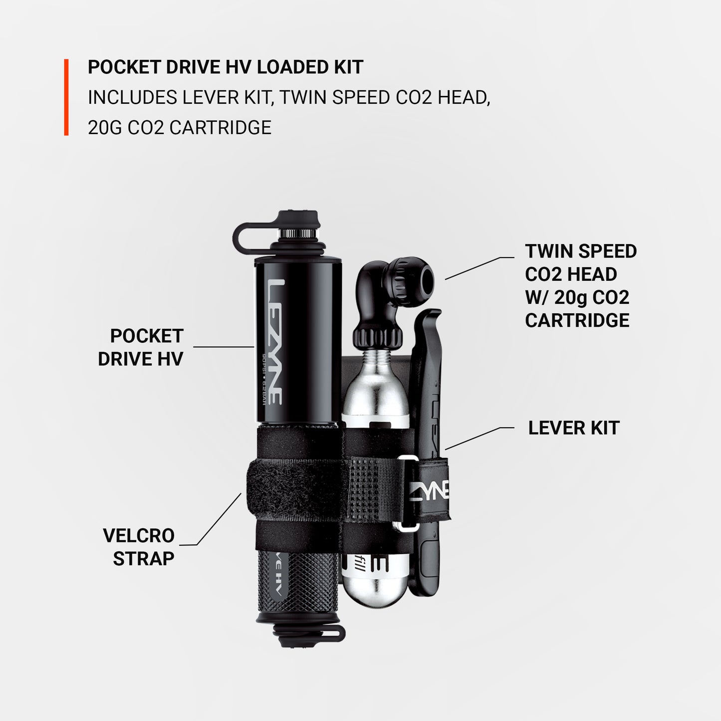 Cykelpump-kit med CO2-huvud, spak och fästremsor, svart och silver.
