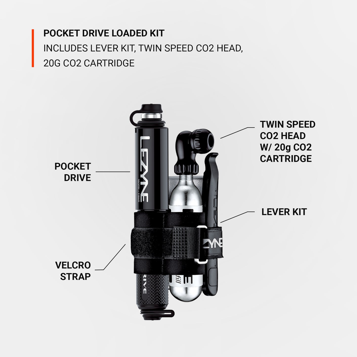Fickdrivet pump- och CO2-kit med spakmontering, tvåstegshuvud och remfäste.