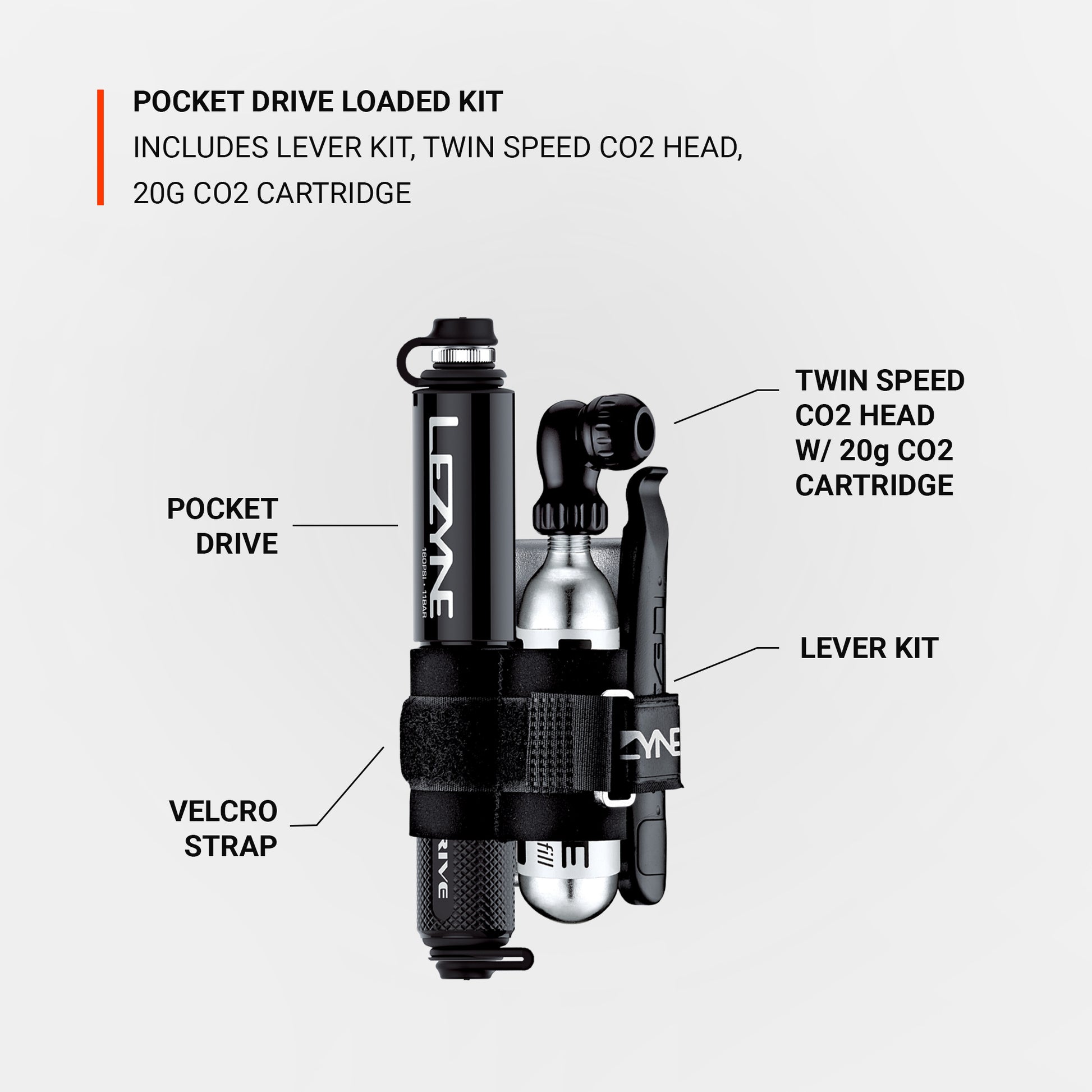 Fickdrivet pump- och CO2-kit med spakmontering, tvåstegshuvud och remfäste.