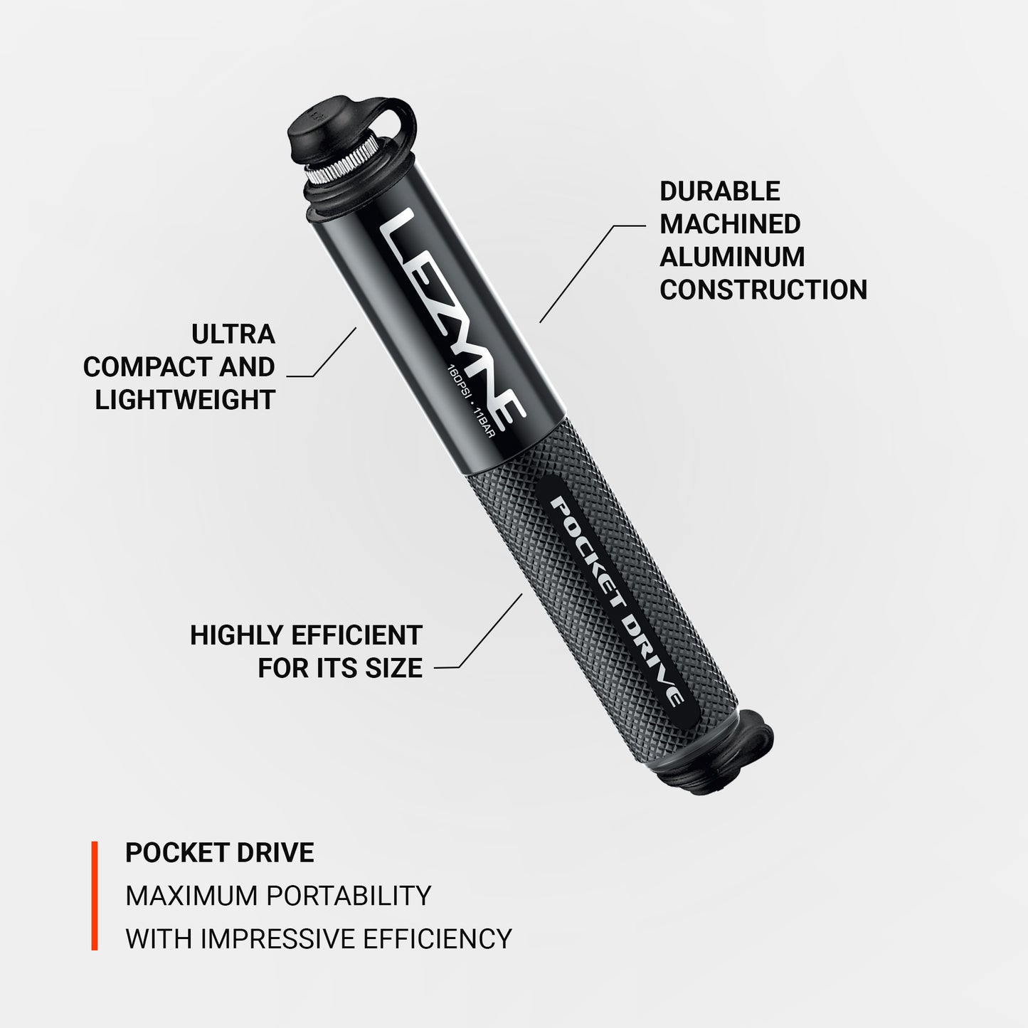 Kompakt Lezyne-handpump i svart med texturerat grepp och toppventil.
