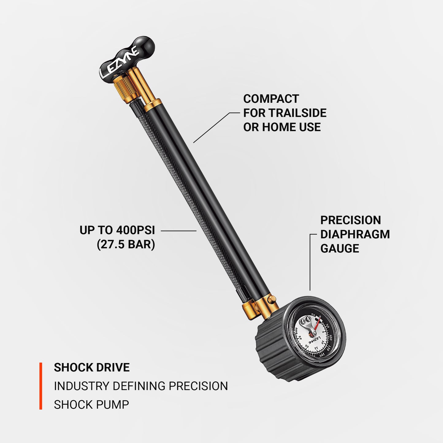 Shock Drive-pump för gaffel/dämpare med manometer och kompakt pumpkropp