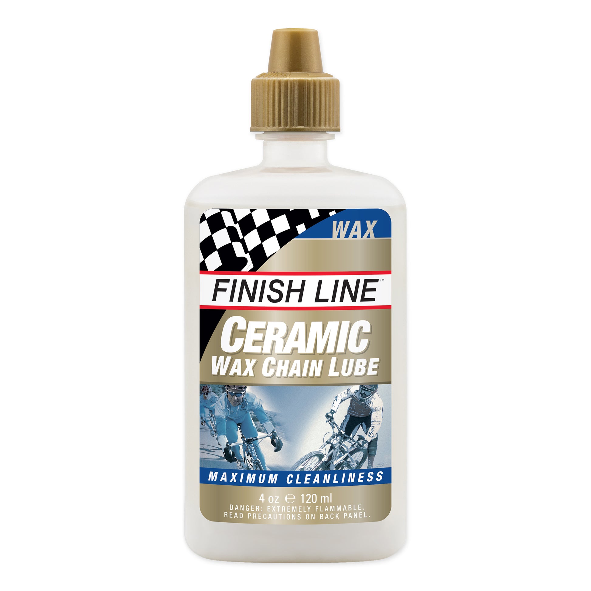 Kedjevax och smörjmedel i flaska med piplock, etikett "Ceramic Wax Chain Lube"