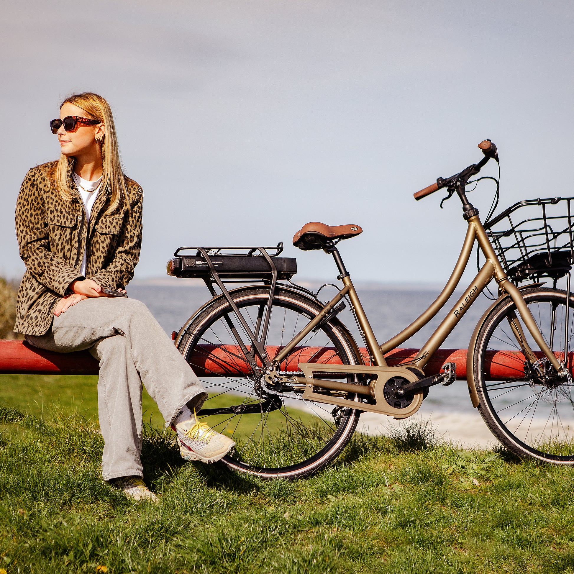 Raleigh Sussex E2 elcykel i matt sand med främre korg och bakre pakethållare